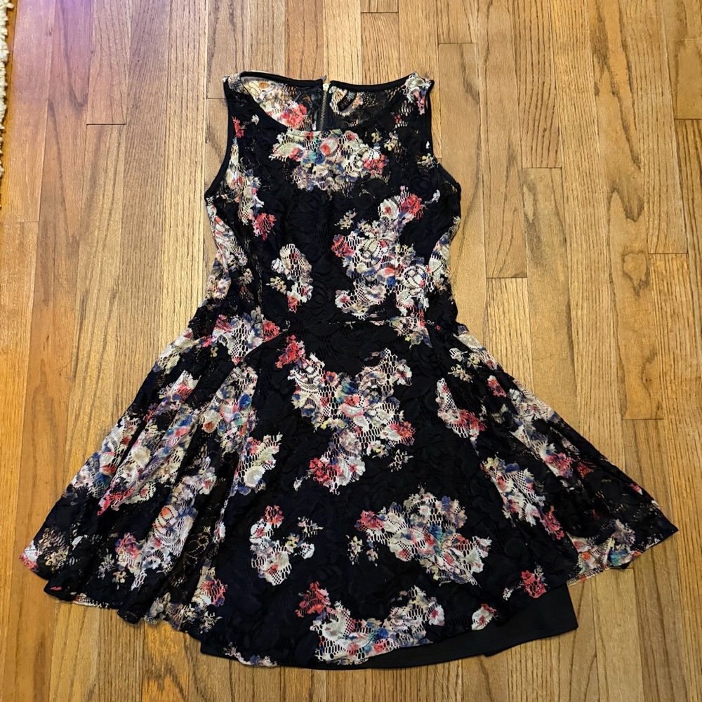 BeBop Black Floral Lace Dress with Multicolor Underlay